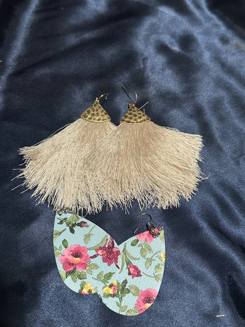 Beige Tassel Statement Earrings + Floral Drop Pair